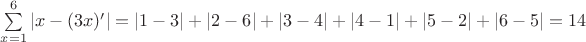 $\sum\limits_{x=1}^6 |x - (3x)'| = |1-3| + |2-6| + |3-4| + |4-1| + |5-2| + |6-5| = 14$