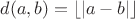 $d(a,b)=\left\lfloor |a-b| \right\rfloor$
