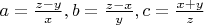 $ a = \frac{z-y}{x}, b = \frac{z-x}{y}, c =\frac{x + y}{z} $