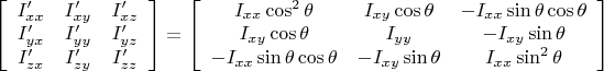 $\left [ \begin {array} {ccc} I'_{xx} & I'_{xy} & I'_{xz} \\ I'_{yx} & I'_{yy} & I'_{yz} \\  I'_{zx} & I'_{zy} & I'_{zz} \end{array} \right]= \left [ \begin {array} {ccc} I_{xx}\cos^2 \theta & I_{xy} \cos \theta & -I_{xx}\sin \theta \cos \theta \\ I_{xy} \cos \theta & I_{yy} & - I_{xy} \sin \theta \\  -I_{xx}\sin \theta \cos \theta & - I_{xy} \sin \theta & I_{xx} \sin^2 \theta \end{array} \right]$