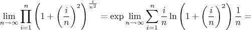 $$\lim\limits_{n\to\infty}\prod\limits_{i=1}^{n} \left(1 + \left(\frac{i}{n}\right)^2 \right)^\frac{i}{n^2}=\exp\lim\limits_{n\to\infty}\sum\limits_{i=1}^{n} \frac{i}{n}\ln\left(1 + \left(\frac{i}{n}\right)^2 \right)\frac{1}{n}=$$