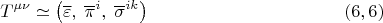 $$T^{\mu \nu} \simeq \left( \overline \varepsilon, \; {\overline \pi}^i , \; {\overline \sigma}^{ik}\right) \eqno (6,6)$$