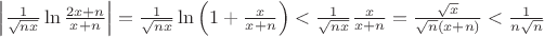 $\left|\frac 1{\sqrt {nx}}\ln\frac {2x+n}{x+n}\right|=\frac 1{\sqrt {nx}}\ln\left(1+\frac x{x+n}\right)<\frac 1{\sqrt {nx}}\frac x{x+n}=\frac {\sqrt x}{\sqrt n (x+n)}<\frac 1{n\sqrt n}$