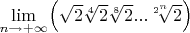 $\lim\limits_{n \to +\infty } \Bigl( \sqrt{2}\sqrt[4]{2}\sqrt[8]{2}...\sqrt[2^n]{2}\Bigr)$