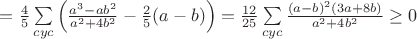$=\frac{4}{5}\sum\limits_{cyc}\left(\frac{a^3-ab^2}{a^2+4b^2}-\frac{2}{5}(a-b)\right)=\frac{12}{25}\sum\limits_{cyc}\frac{(a-b)^2(3a+8b)}{a^2+4b^2}\geq0$