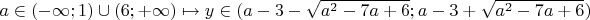 $a\in (-\infty;1)\cup (6;+\infty) \mapsto y\in (a-3-\sqrt {a^2 -7a +6}; a-3+\sqrt {a^2 -7a +6})$