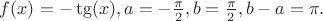 $f(x)=-\tg (x),a=-\frac{\pi }2,b=\frac {\pi }2,b-a=\pi .$