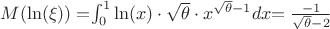 $M(\ln(\xi)) = $$\int_{0}^{ 1} \ln(x) \cdot \sqrt{ \theta} \cdot x^{\sqrt{ \theta}-1} dx$$ = \frac{-1} {\sqrt{ \theta} - 2}$