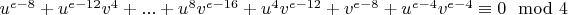 $u^{e-8}+u^{e-12}v^4+...+u^8v^{e-16}+u^4v^{e-12}+v^{e-8}+u^{e-4}v^{e-4}\equiv 0 \mod 4$