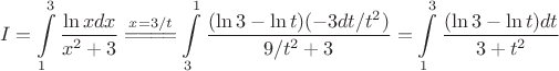 $$I=\int\limits_1^3\frac{\ln x dx}{x^2+3}\stackrel{\tiny x=3/t}{=\joinrel=\joinrel=\joinrel=}\int\limits_3^1\frac{(\ln3-\ln t)  (-3dt/t^2)}{9/t^2+3}=\int\limits_1^3\frac{(\ln3-\ln t)  dt}{3+t^2}$$