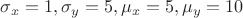 $\sigma_x=1, \sigma_y=5, \mu_x=5, \mu_y=10$