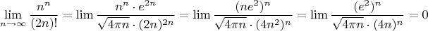 $$\lim\limmits_{n\to\infty} \frac {n^n}{(2n)!}=\lim \frac {n^n\cdot e^{2n}}{\sqrt{4\pi n}\cdot(2n)^{2n}}=\lim \frac {(ne^2)^n}{\sqrt{4\pi n}\cdot(4n^2)^n}=\lim \frac {(e^2)^n}{\sqrt{4\pi n}\cdot(4n)^n}=0$$