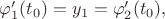 $\varphi'_1(t_0)=y_1=\varphi'_2(t_0),$