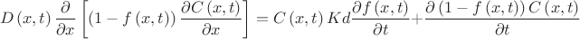 $$D\left( x,t \right){\frac {\partial }{\partial x}}\left[\left(1-f \left( x,t \right)\right) {\frac {\partial C\left( x,t \right)}{\partial x}}\right]=C\left( x,t \right)Kd{\frac {\partial f \left( x,t \right)}{\partial t}}+{\frac {\partial \left(1-f\left( x,t \right)\right)C\left( x,t \right) }{\partial t}}$$