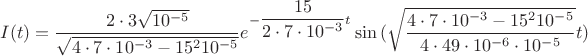 $I(t)=\dfrac{2\cdot 3 \sqrt{10^{-5}}}{\sqrt{4\cdot 7 \cdot 10^{-3}-15^2 10^{-5}}} e^{-\dfrac{15}{2\cdot 7\cdot 10 ^{-3}} t} \sin{(\sqrt{\dfrac{4\cdot 7\cdot 10^{-3}-15^2 10^{-5}}{4\cdot 49 \cdot 10^{-6} \cdot10^{-5}}}t)}$
