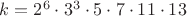 $k=2^6\cdot 3^3\cdot 5\cdot 7\cdot 11\cdot 13$ $k=2^6\cdot 3^3\cdot 5\cdot 7\cdot 11\cdot 13$