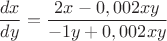 $$\frac{dx}{dy}=\frac{2x-0,002xy}{-1y+0,002xy}$$