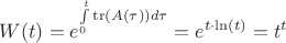 $W(t)=e^{\int\limits_{0}^{t}\operatorname{tr}(A(\tau))d\tau}=e^{t\cdot \ln(t)}=t^t$