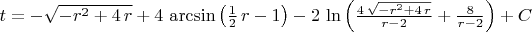 $t=-\sqrt{-r^{2} + 4 \, r} + 4 \, \arcsin\left(\frac{1}{2} \, r - 1\right) - 2 \, \ln\left(\frac{4 \, \sqrt{-r^{2} + 4 \, r}}{r - 2} + \frac{8}{r - 2}\right)+C$