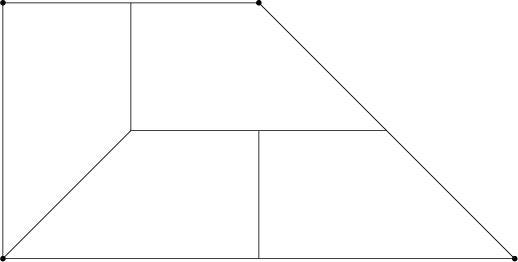 $\begin{tikzpicture}[line cap=round,line join=round,>=triangle 45,x=1.0cm,y=1.0cm]
\clip(3.62,-6.44) rectangle (14.54,-0.6);
\draw (4,-6)-- (4,-1);
\draw (4,-1)-- (9,-1);
\draw (14,-6)-- (4,-6);
\draw (9,-1)-- (14,-6);
\draw (6.5,-1)-- (6.5,-3.5);
\draw (6.5,-3.5)-- (4,-6);
\draw (6.5,-3.5)-- (11.5,-3.5);
\draw (9,-3.5)-- (9,-6);
\fill [color=black] (4,-6) circle (1.5pt);
\fill [color=black] (4,-1) circle (1.5pt);
\fill [color=black] (14,-6) circle (1.5pt);
\fill [color=black] (9,-1) circle (1.5pt);
\end{tikzpicture}$