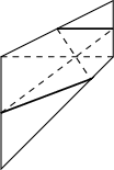 \begin{tikzpicture} \draw (0,0)--(0,2)--(2,3)--(2,2)--cycle; \draw[dashed] (0,2)--(2,2);  \clip (0,0)--(0,2)--(2,3)--(2,2)--cycle; \draw[dashed] (0,1)--(2,2.5); \draw[dashed] (1,2.5)--(2,1); \draw[thick] (0,1)--(1.75,1.66); \draw[thick] (2,2.5)--(1,2.5); \end{tikzpicture}
