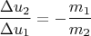 $$\frac{\Delta u_2}{\Delta u_1}=-\frac{m_1}{m_2}$$