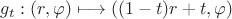 $g_t: (r,\varphi) \longmapsto ((1-t)r+t,\varphi)$