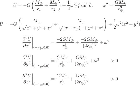 $$\begin{array}{c}
U=-G\left(\dfrac{M_\odot}{r_1}+\dfrac{M_\oplus}{r_2}\right)+\dfrac{1}{2}\omega^2r_1^2\sin^2\theta,\qquad \omega^2=\dfrac{GM_\odot}{r_\oplus^3}\\
\,\\
U=-G\left(\dfrac{M_\odot}{\sqrt{x^2+y^2+z^2}}+\dfrac{M_\oplus}{\sqrt{(x-r_\oplus)^2+y^2+z^2}}\right)+\dfrac{1}{2}\omega^2(x^2+y^2)\\
\,\\
\begin{array}{r@{}l@{}l}
\dfrac{\partial^2U}{\partial x^2}\biggr|_{(-r_\oplus,0,0)}&{}=\dfrac{-2GM_\odot}{r_\oplus^3}+\dfrac{-2GM_\oplus}{(2r_\oplus)^3}+\omega^2\\
\,\\
\dfrac{\partial^2U}{\partial y^2}\biggr|_{(-r_\oplus,0,0)}&{}=\dfrac{GM_\odot}{r_\oplus^3}+\dfrac{GM_\oplus}{(2r_\oplus)^3}+\omega^2&{}>0\\
\,\\
\dfrac{\partial^2U}{\partial z^2}\biggr|_{(-r_\oplus,0,0)}&{}=\dfrac{GM_\odot}{r_\oplus^3}+\dfrac{GM_\oplus}{(2r_\oplus)^3}&{}>0\\
\end{array}\end{gathered}$$