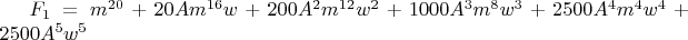$F_1=m^{20}+20Am^{16} w+200A^2 m^{12} w^2+1000A^3 m^8 w^3+2500A^4 m^4 w^4+2500A^5 w^5$
