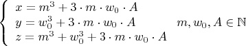 $$\left\{
\begin{array}{lcl}
x=m^3+3\cdot m\cdot w_0\cdot A \\
y=w_0^3+3\cdot m\cdot w_0\cdot A\\
z=m^3+w_0^3+3\cdot m\cdot w_0\cdot A
\end{array}
\right.m,w_0,A\in\mathbb{N} $$