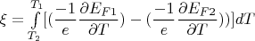 $\xi=\int\limits_{T_2}^{T_1}[(\dfrac{-1}{e}\dfrac{\partial E_{F1}}{\partial T})-(\dfrac{-1}{e}\dfrac{\partial E_{F2}}{\partial T}))]dT$