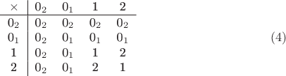 $$\begin{tabular}{1|1111}
\times&0_2&0_1&1&2 \\
\hline
0_2&0_2&0_2&0_2&0_2\\
0_1&0_2&0_1&0_1&0_1\\
1&0_2&0_1&1&2\\
2&0_2&0_1&2&1\\
\end{tabular} \eqno (4)$$
