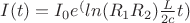 $I(t) = I_0e^(ln(R_1 R_2)\frac{L}{2c}t)$