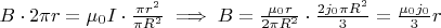 $B\cdot 2\pi r=\mu_0I\cdot \frac{\pi r^2}{\pi R^2}  \implies B= \frac{\mu_0 r}{2\pi R^2}\cdot \frac{2 j_0\pi R^2}{3} = \frac{\mu_0j_0}{3}r$