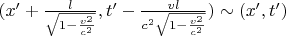 $(x'+\frac l{\sqrt{1-\frac{v^2}{c^2}}},t'-\frac{vl}{c^2\sqrt{1-\frac{v^2}{c^2}}})\sim(x',t')$