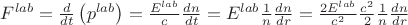 $F^{lab}=\frac{d}{dt}\left (p^{lab}  \right )=\frac{E^{lab}}{c}\frac{dn}{dt}=E^{lab} \frac{1}{n} \frac{dn}{dr}=\frac{2E^{lab}}{c^2}\frac{c^2}{2}\frac{1}{n} \frac{dn}{dr}$