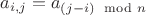 $a_{i,j}=a_{(j-i) \mod n}$