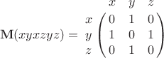 $$\mathbf{M}(xyxzyz) = \bordermatrix{
& x & y & z\cr
x & 0 & 1 & 0\cr
y & 1 & 0 & 1 \cr
z & 0 & 1 & 0  \cr}$$