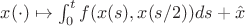 $x(\cdot)\mapsto\int_0^tf(x(s),x(s/2))ds+\hat x$
