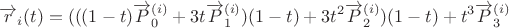$$\overrightarrow{r}_{i}(t)=(((1-t)\overrightarrow{P}_0^{(i)}+3t\overrightarrow{P}_1^{(i)})(1-t)+3t^2\overrightarrow{P}_2^{(i)})(1-t)+t^3\overrightarrow{P}_3^{(i)}$$ $$\overrightarrow{r}_{i}(t)=(((1-t)\overrightarrow{P}_0^{(i)}+3t\overrightarrow{P}_1^{(i)})(1-t)+3t^2\overrightarrow{P}_2^{(i)})(1-t)+t^3\overrightarrow{P}_3^{(i)}$$