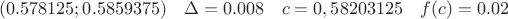$$(0.578125;0.5859375)\quad  \Delta=0.008 \quad c=0,58203125
\quad  f(c)= 0.02$$