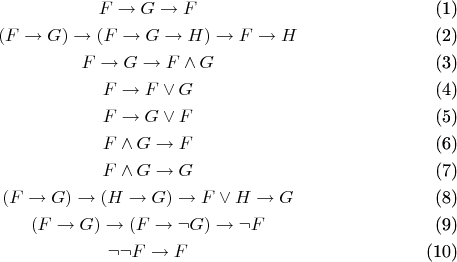 \begin{gather} 
F\to G\to F \\ 
(F\to G)\to(F\to G\to H)\to F\to H \\ 
F\to G\to F\wedge G \\ 
F\to F\vee G \\ 
F\to G\vee F \\ 
F\wedge G\to F \\ 
F\wedge G\to G \\ 
(F\to G)\to(H\to G)\to F\vee H\to G \\ 
(F\to G)\to(F\to\neg G)\to\neg F \\ 
\neg\neg F\to F 
\end{gather}