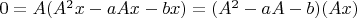 $0=A(A^2x-aAx-bx)=(A^2-aA-b)(Ax)$