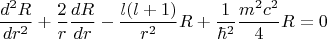 $$\frac{{d}^{2}R}{d{r}^{2}}+\frac{2}{r}\frac{dR}{dr}-\frac{l(l+1)}{{r}^{2}}R+\frac{1}{{\hbar}^{2}}\frac{{m}^{2}{c}^{2}}{4}R=0$$