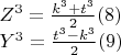 $\begin{array}{l}
 Z^3  = \frac{{k^3  + t^3 }}{2}                                                        (8) \\ 
 Y^3  = \frac{{t^3  - k^3 }}{2}                                                        (9) \\ 
 \end{array}
$
