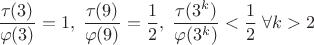 $\dfrac{\tau(3)}{\varphi(3)}=1,\;\dfrac{\tau(9)}{\varphi(9)}=\dfrac 1 2,\; \dfrac{\tau(3^k)}{\varphi(3^k)}<\dfrac 1 2 \;\forall k>2$