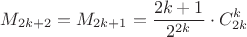 $$M_{2k+2}=M_{2k+1}=\frac{2k+1}{2^{2k}}\cdot C^k_{2k}$$