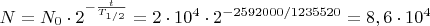 $N = N_0\cdot 2^{-\frac{t}{T_{1/2}}} = 2\cdot 10^4\cdot 2^{-2 592 000/1 235 520} = 8,6\cdot 10^4$