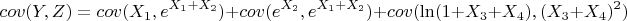 $$cov(Y,Z) = cov(X_1,e^{X_1+X_2})+cov(e^{X_2},e^{X_1+X_2})+cov(\ln(1+X_3+X_4),(X_3+X_4)^{2})$$