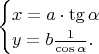$\begin{cases}x=a\cdot\tg\alpha\\y=b\frac{1}{\cos\alpha}.\end{cases}$